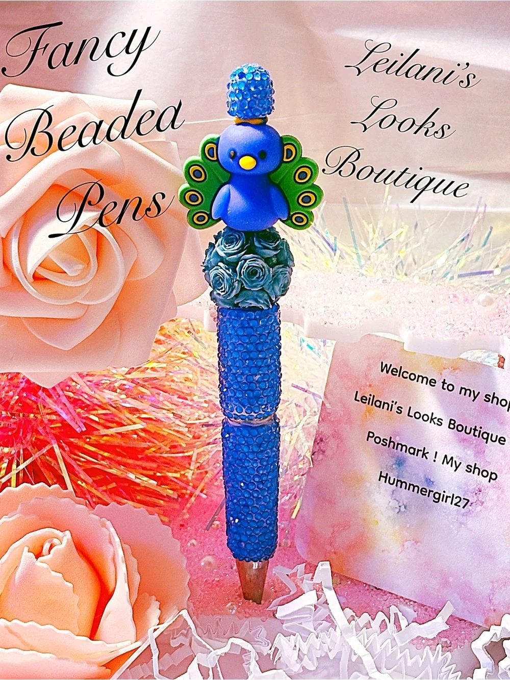 Blue Peacock Beaded Pen/Fancy beaded Pen/gifts/blue flowers